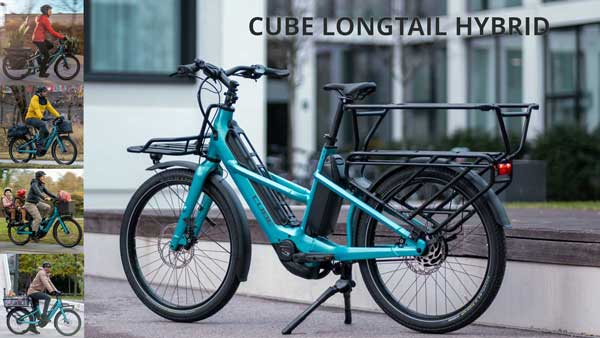 Je kunt een kleine fotocollage zien met de titel Cube Longtail Hybrid. Het toont de blauwe Cube bakfiets met verschillende gebruiksmogelijkheden.