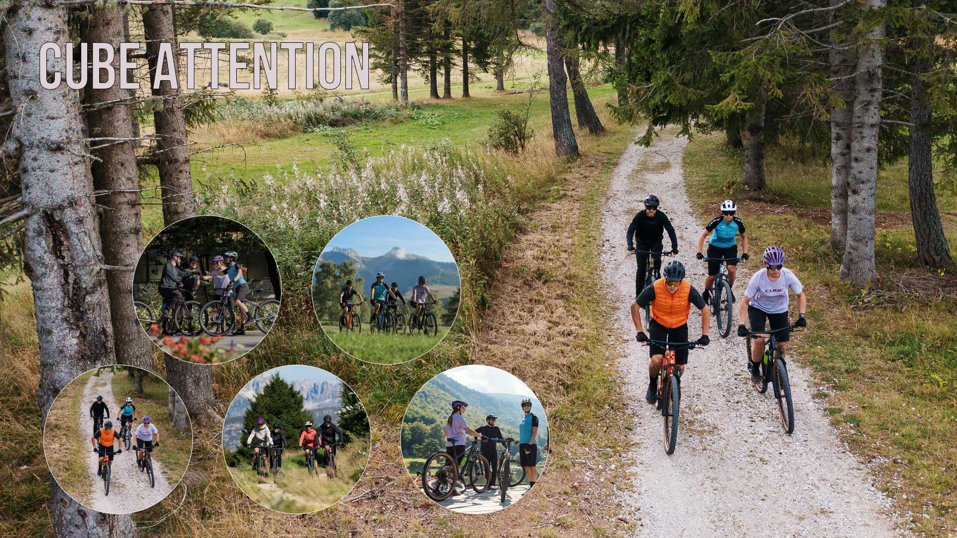 Fietsers met Cube Attention hardtail mountainbikes. Vijf cirkelvormige foto's tonen fietsers met Cube Attention hardtail mountainbikes in verschillende scènes.