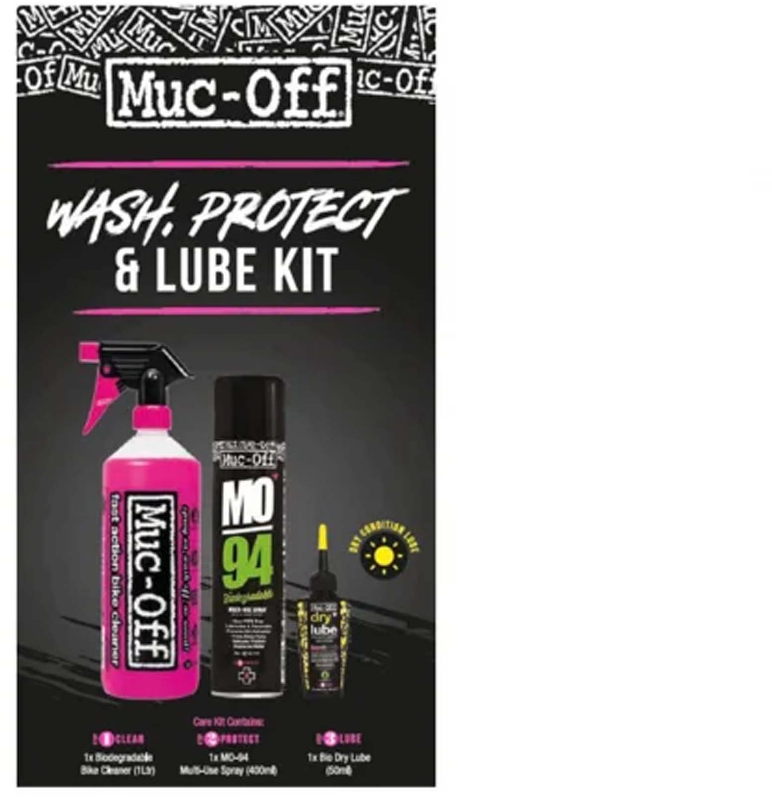 Muc-Off Wash, Protect, Lube Kit (Dry Lube versie) zwart nos