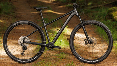 Je ziet een zwarte Cube mountainbike op een bospad staan.