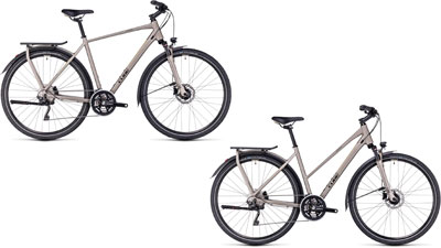 Twee Cube Kathmandu PRO-fietsen, één met een ruitvormig frame en één met een trapeziumvormig frame