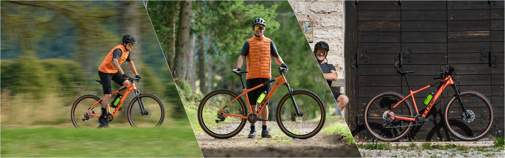 Banner met drie afbeeldingen, gescheiden door witte lijnen. Links staat een fietser op een Cube Attention hardtail mountainbike. In het midden staat hij achter de fiets en houdt deze vast. Rechts zit hij op een bankje, de Cube Attention leunt tegen de muur.