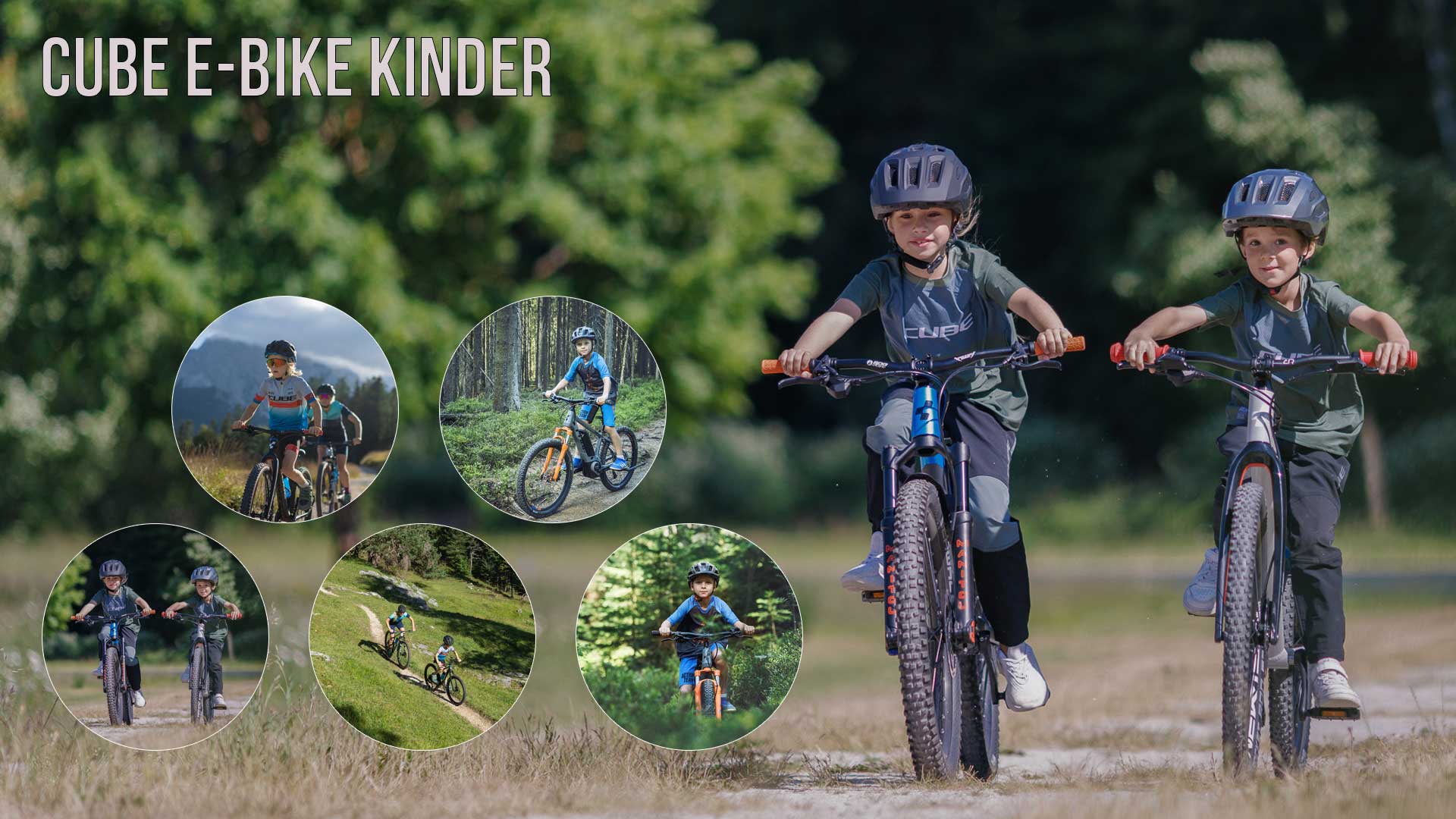 Je kunt een fotocollage bekijken met de titel Cube E-Bike Children. Het toont verschillende foto's van kinderen die fietsen in verschillende landschappen.