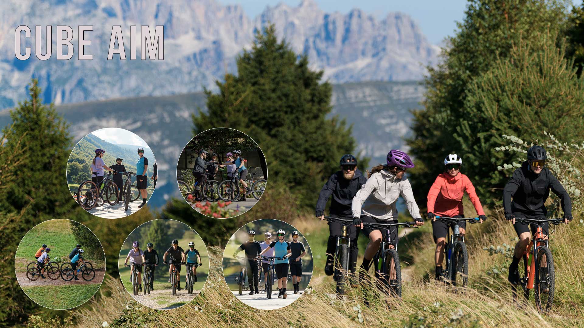 Categoriebanner met vijf Cube Aim mountainbikes in verschillende kleuren.