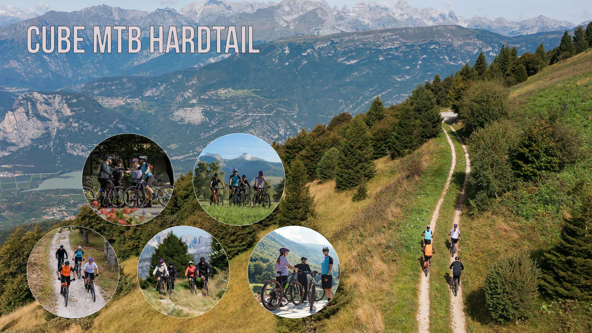 Je ziet een fotocollage met de titel Cube Mtb Hardtail, waarop groepen mensen samen fietsen.