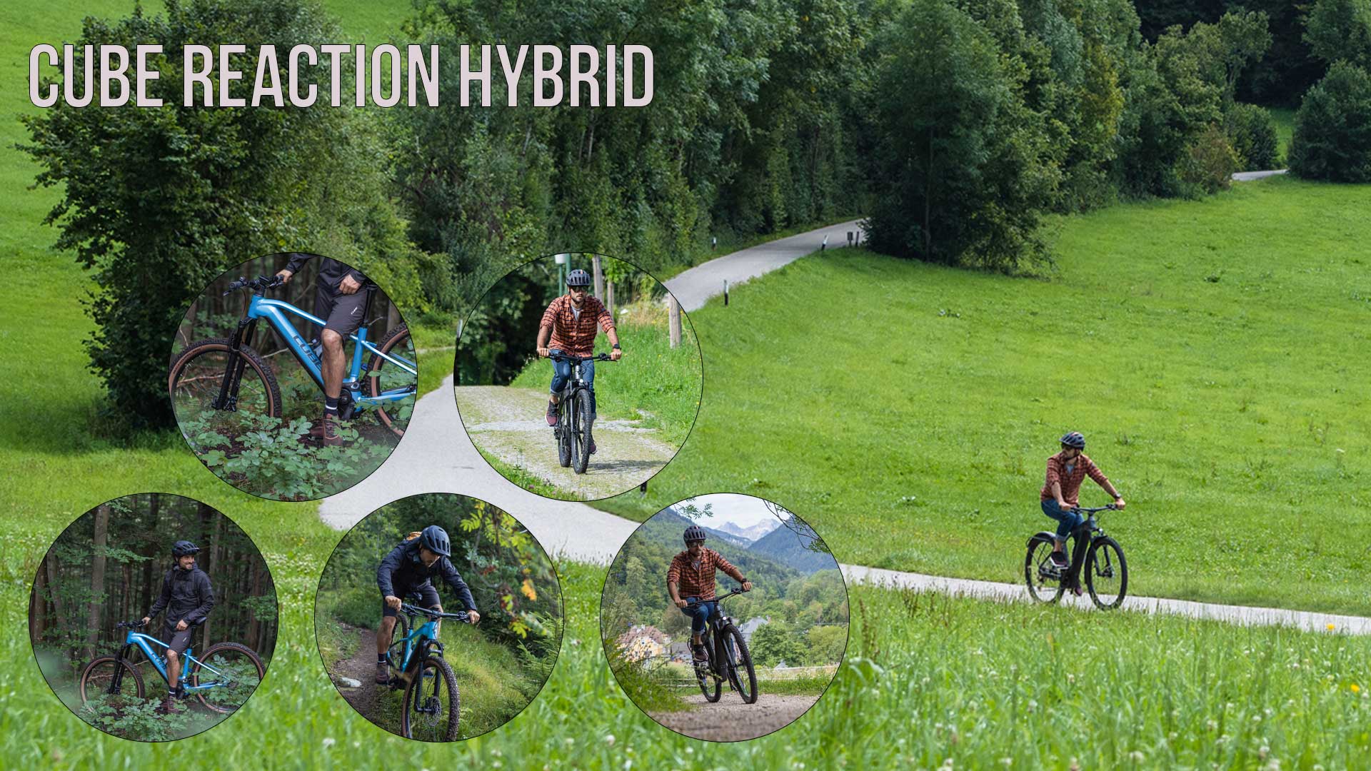 Je kunt een fotocollage zien met de titel Cube Reaction Hybrid. Het laat verschillende fietsers zien die zich verplaatsen in een landelijk gebied.