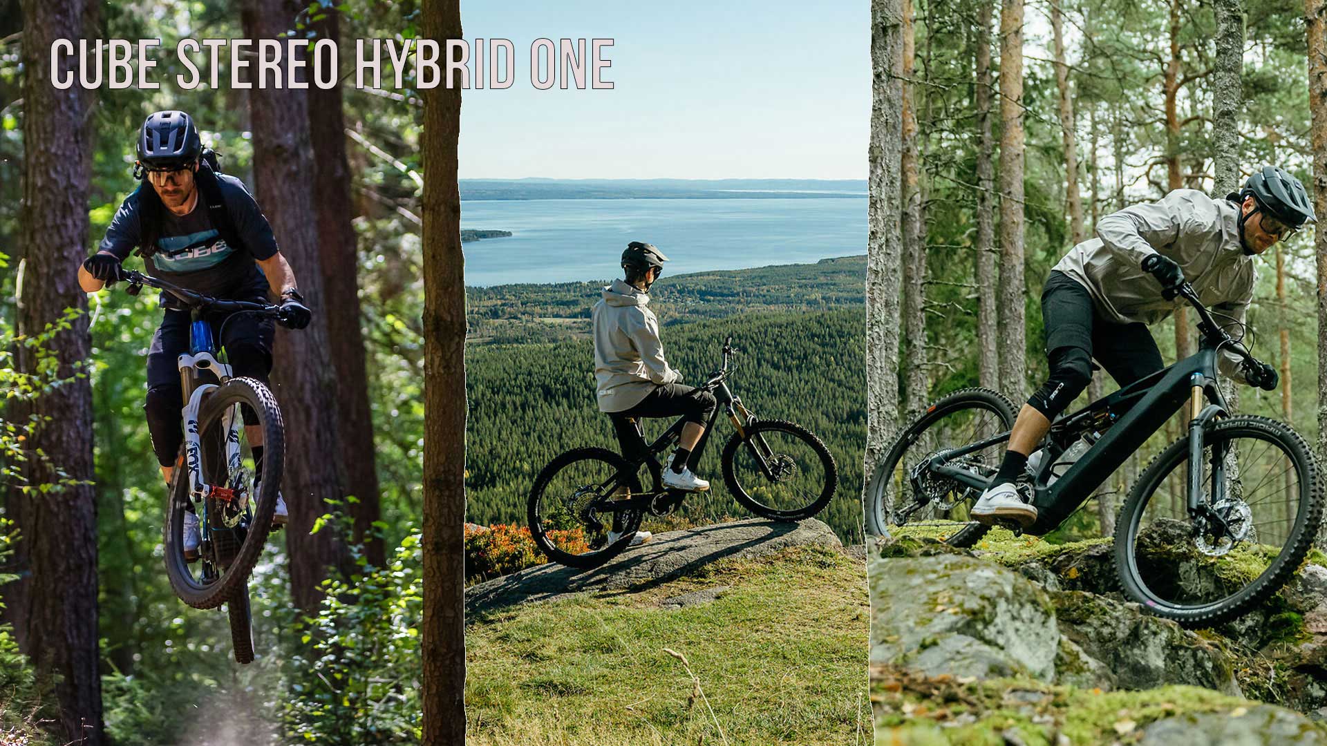 Je ziet een fotocollage met de titel Cube Stereo Hybrid ONE, waarop verschillende fietsers door een bosrijk landschap rijden.