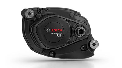 Je ziet hier een zwarte Bosch Performance Line CX e-bike motor.