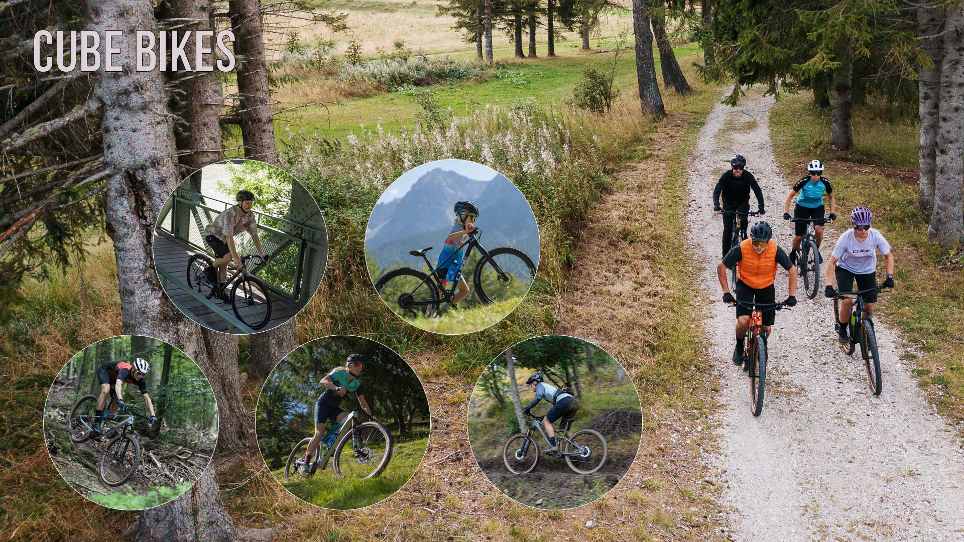 Je ziet een fotocollage met de titel Cube Bikes. Hierop staan verschillende foto's van mensen die fietsen.