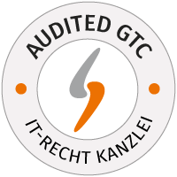 Te zien is een rond logo van de IT-Recht-Kanzlei in geel en wit met het opschrift “AUDITED GTC”.