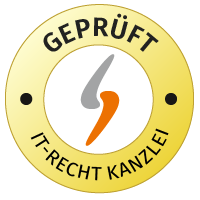 Te zien is een rond logo van de IT-Recht-Kanzlei in geel en wit met het opschrift “AUDITED GTC”.