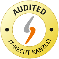 Te zien is een rond logo van de IT-Recht-Kanzlei in geel en wit met het opschrift AUDITED.