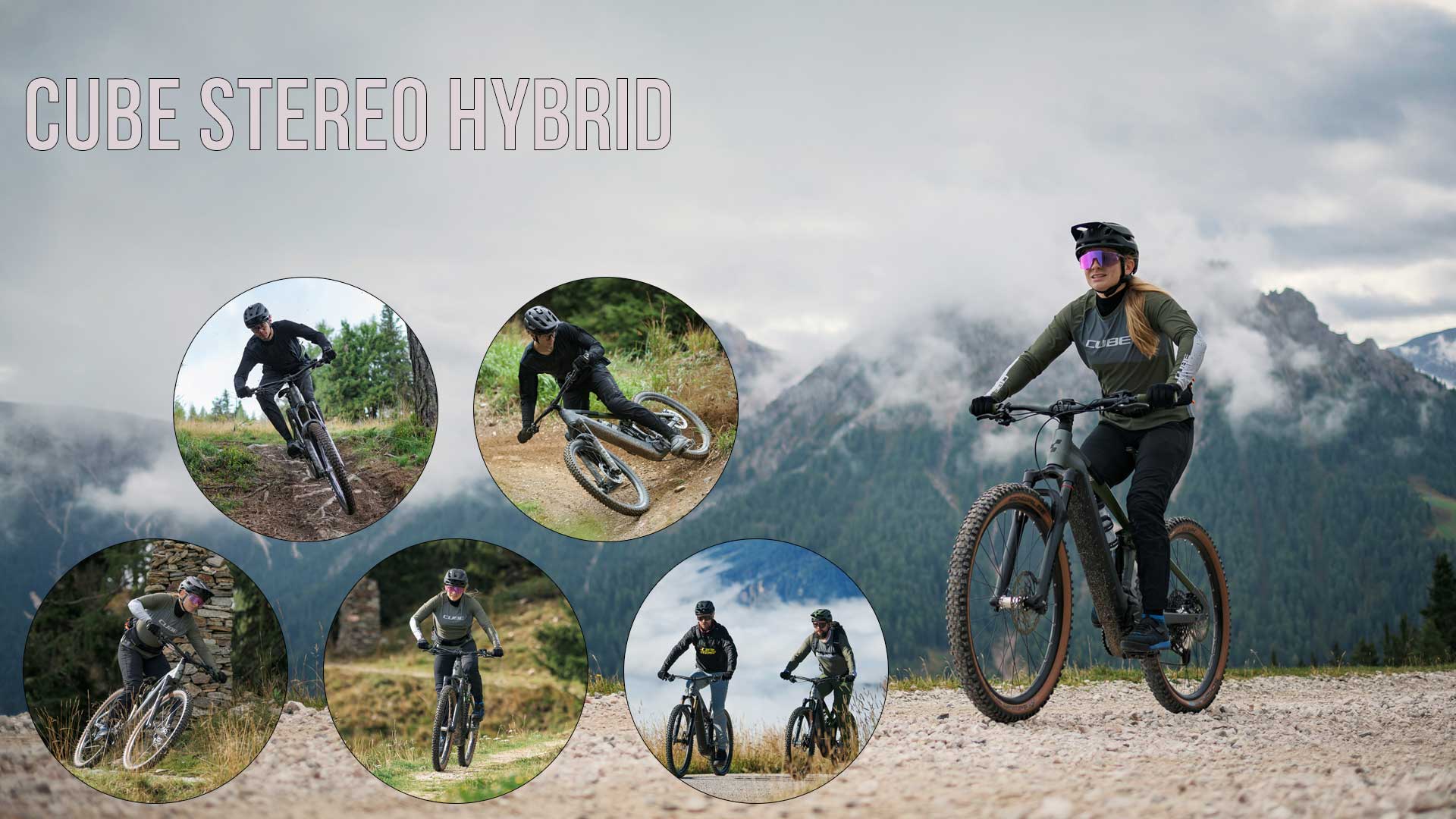 Je ziet een fotocollage met de titel Cube Stereo Hybrid. Het toont verschillende fietsers die door een bergachtig en bebost landschap rijden.