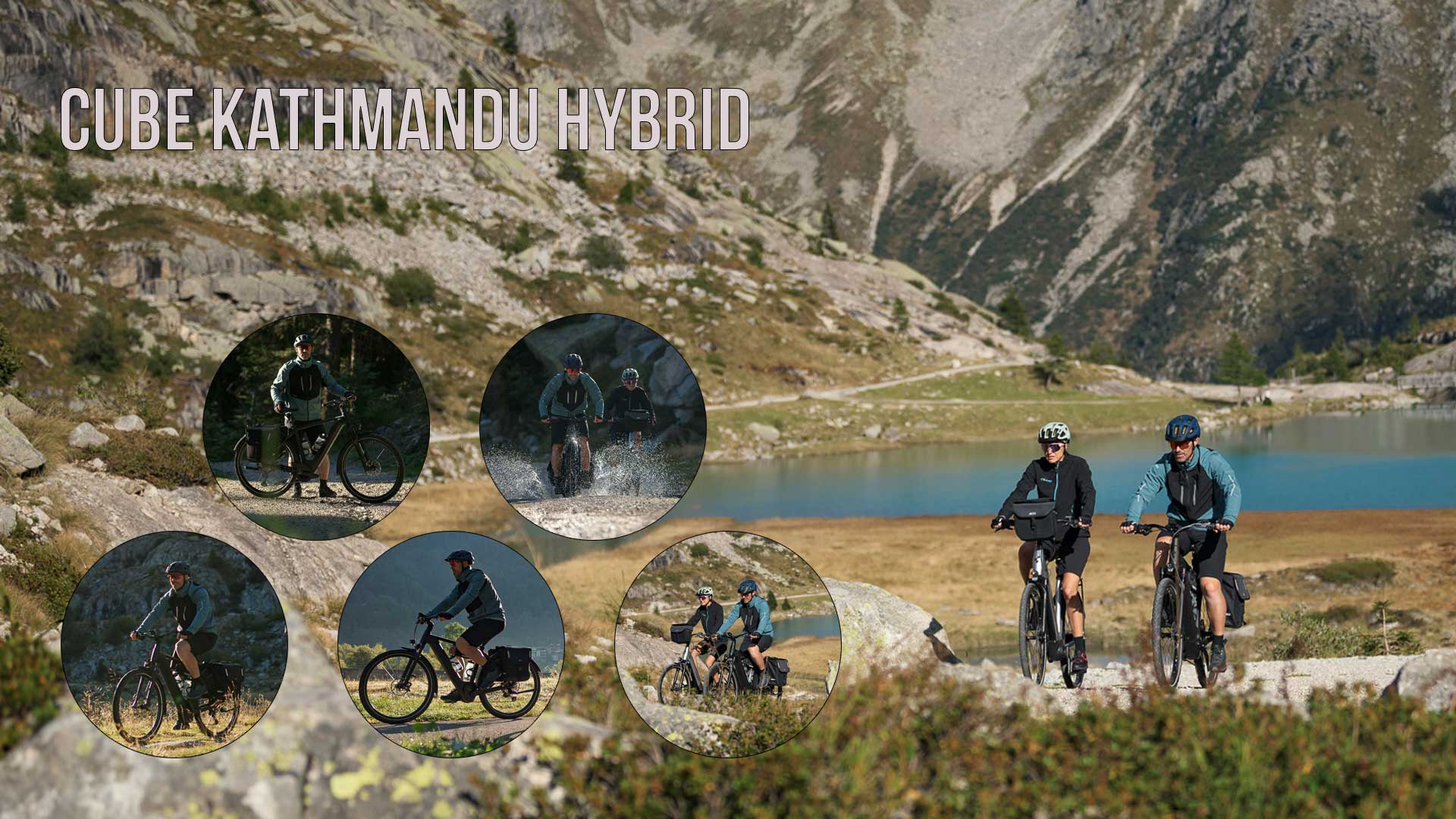 Je ziet een fotocollage met de titel Cube Kathmandu Hybrid, waarop verschillende foto's staan van fietsers met de Cube Kathmandu Hybrid in een berglandschap.