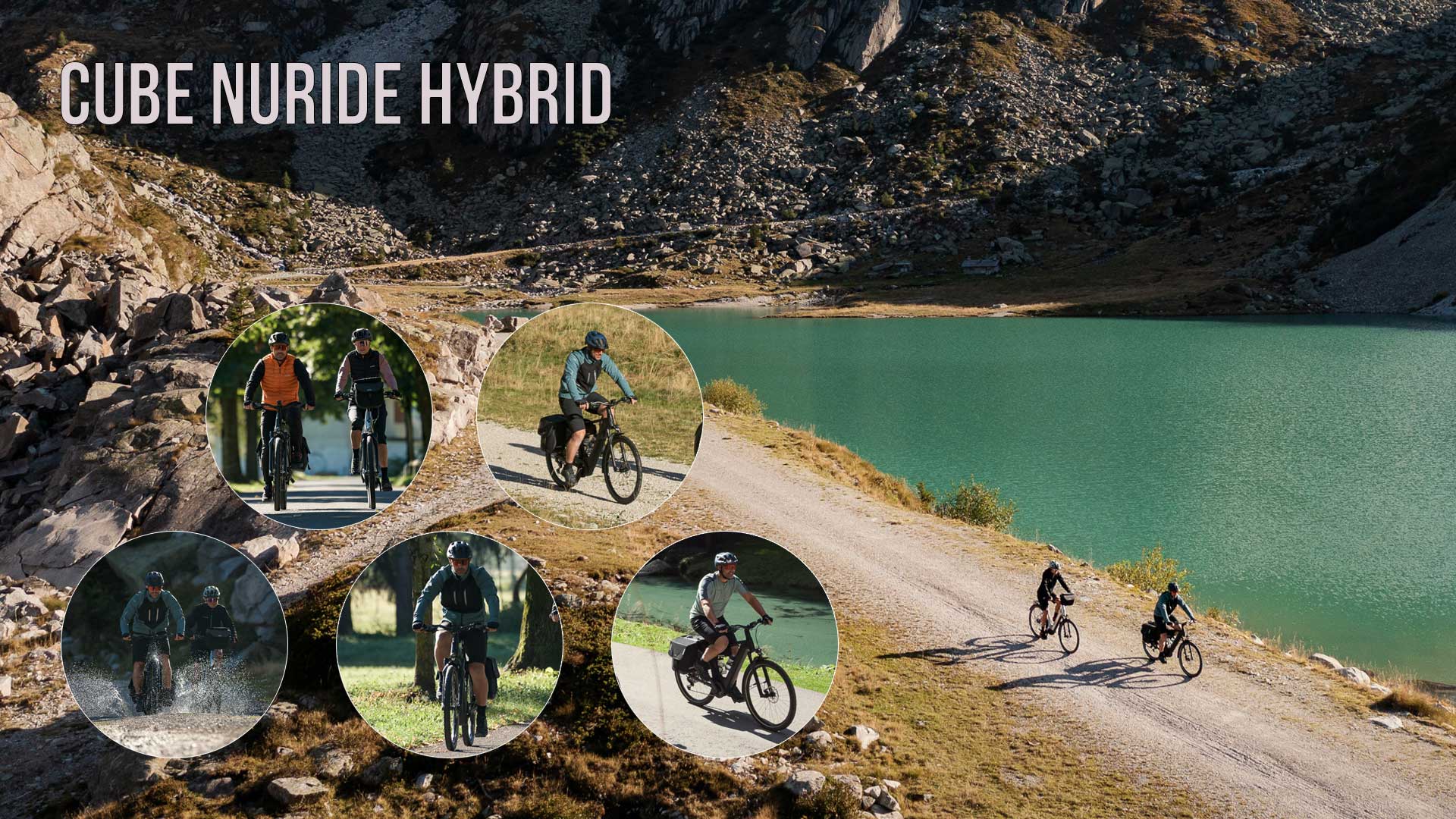 Er is een fotocollage te zien met de titel Cube Nuride Hybrid, met daarop verschillende foto's van fietsers met de Cube Nuride Hybrid in verschillende omgevingen.