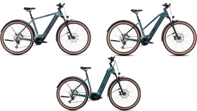 Er zijn drie groene Cube Nuride Hybrid e-bikes te zien, elk met een diamant frame, een trapez frame en een lage instap frame.