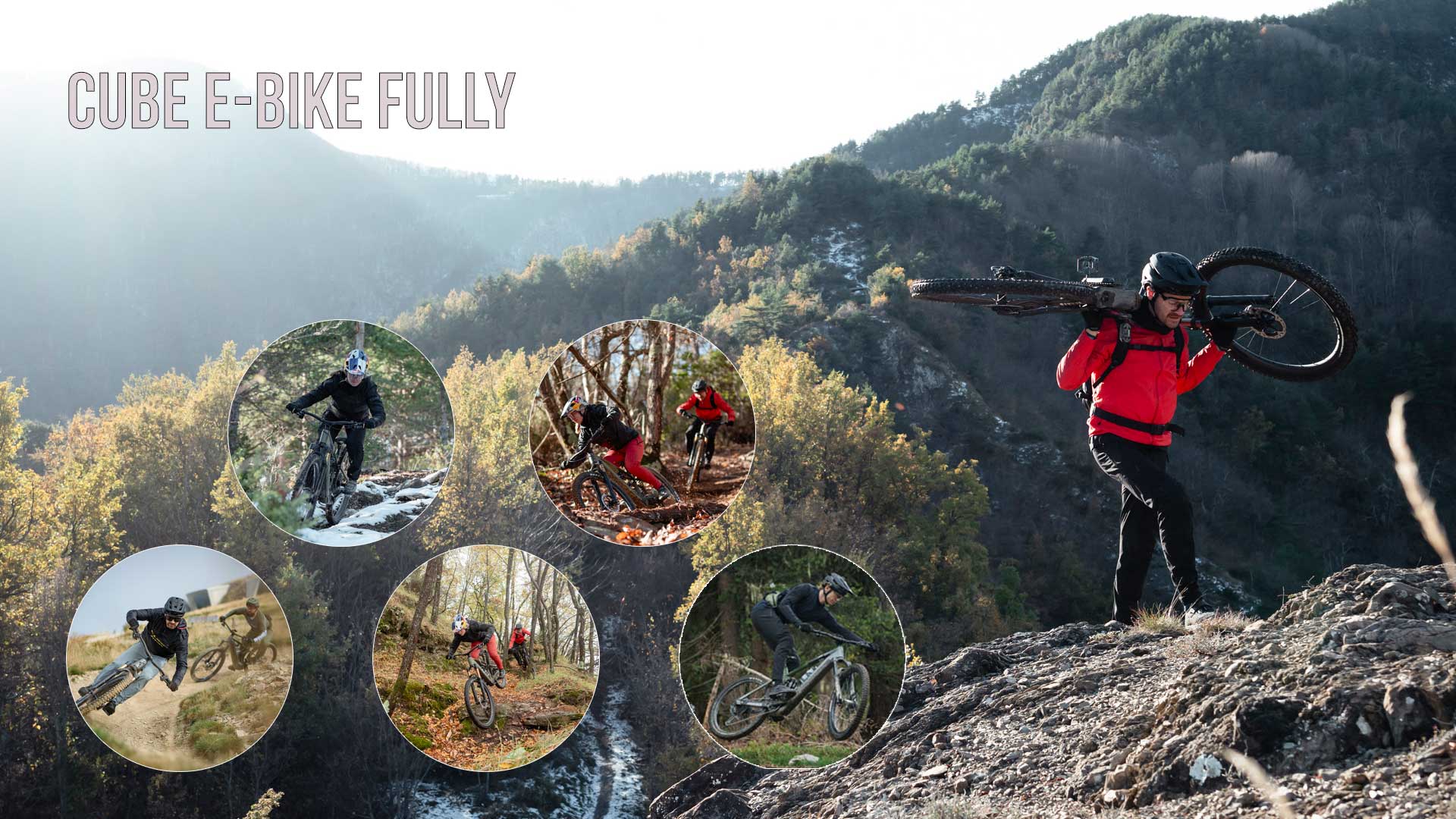 Je ziet een fotocollage met de titel Cube E-Bike Fully. Hierop zijn volwaardige fietsers te zien die indrukwekkende hellingen afdalen.
