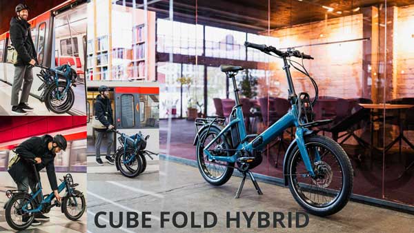 Je ziet een kleine fotocollage met de titel Cube Fold Hybrid. Het toont de blauwe Cube vouwfiets in verschillende alledaagse situaties.