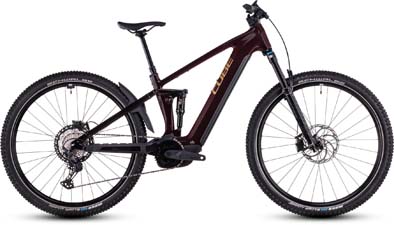 Je ziet een donkerrode Cube Stereo Hybrid ONE22.