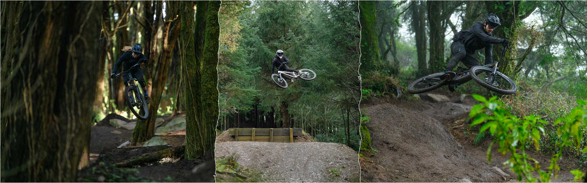 Banner met gescheurde overgangen. Links springt een vrouw in het bos op een Cube Stereo Fully mountainbike. In het midden een fietser met integraalhelm die een hoge sprong maakt. Rechts nog een sprong met een Cube Stereo Fully mountainbike.