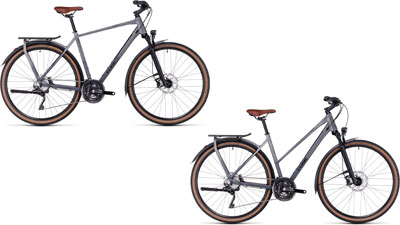 Twee Cube Kathmandu SLX-fietsen, één met een ruitvormig frame en één met een trapeziumvormig frame