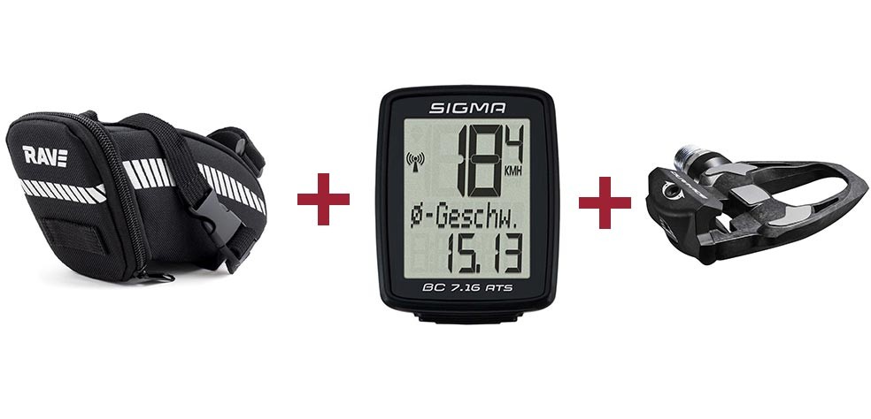 RAVE Zadeltas Riem L + Sigma BC 7.16 ATS fietscomputer + Shimano DURA-ACE PD-R9100 pedaal
