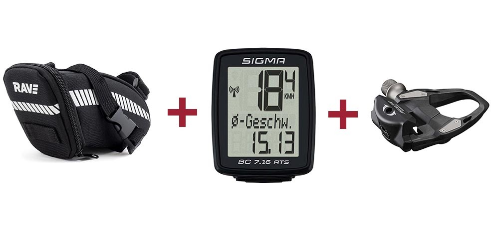 RAVE Zadeltas Riem L + Sigma BC 7.16 ATS fietscomputer + Shimano Pedaal 105 PD-R7000