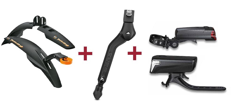 SKS Rowdy set spatbord + Cube fietsstandaard Kid Bikes + RFR Tour 32 verlichtingsset