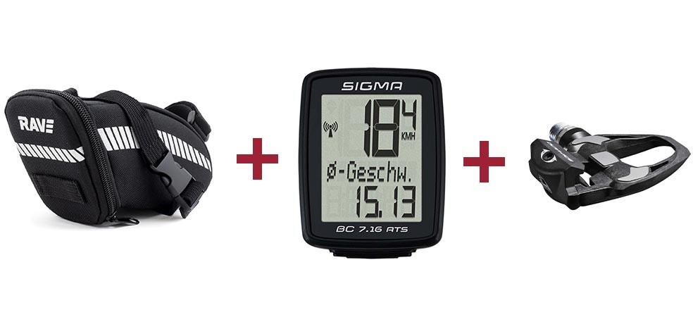 RAVE Zadeltas Riem L + Sigma BC 7.16 ATS fietscomputer + Shimano ULTEGRA PD-R8000 pedaal