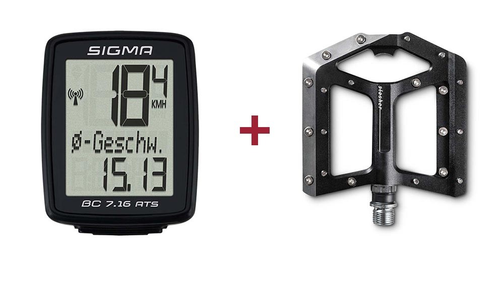 Sigma BC 7.16 ATS fietscomputer + Cube SLASHER pedalen
