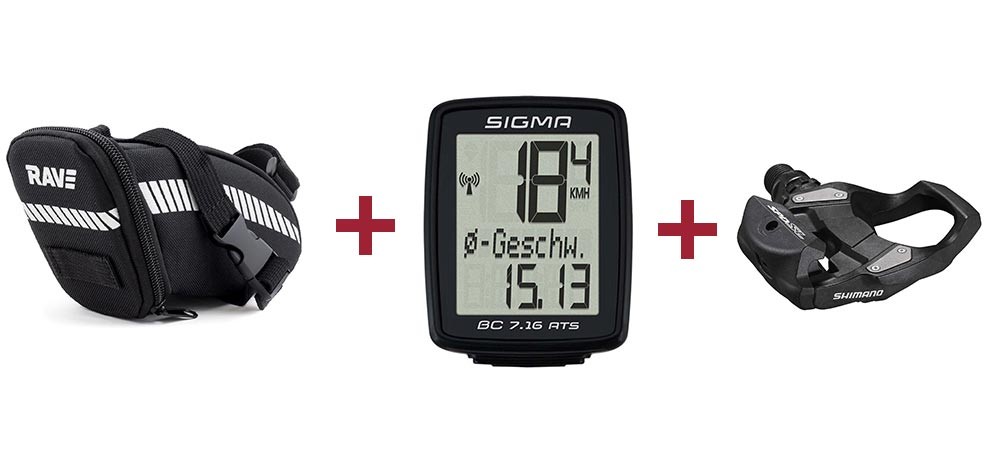 RAVE Zadeltas Riem L + Sigma BC 7.16 ATS fietscomputer + Shimano PD-RS500 pedaal