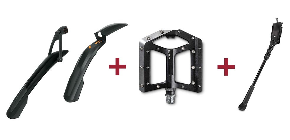 SKS Shockblade + X-Blade spatbordset + ACID Pedalen FLAT A2-IB - zwart + Cube Fietsstandaard Cubestand PRO