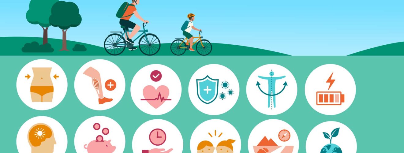 Man en kind op de fiets met iconen voor gezondheid: spieren, stress, gewicht en immuunsysteem.