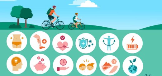 Man en kind op de fiets met iconen voor gezondheid: spieren, stress, gewicht en immuunsysteem.